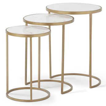 3 Round Nesting Tables - Gold w/ Marble Tops - Ruffled Feather