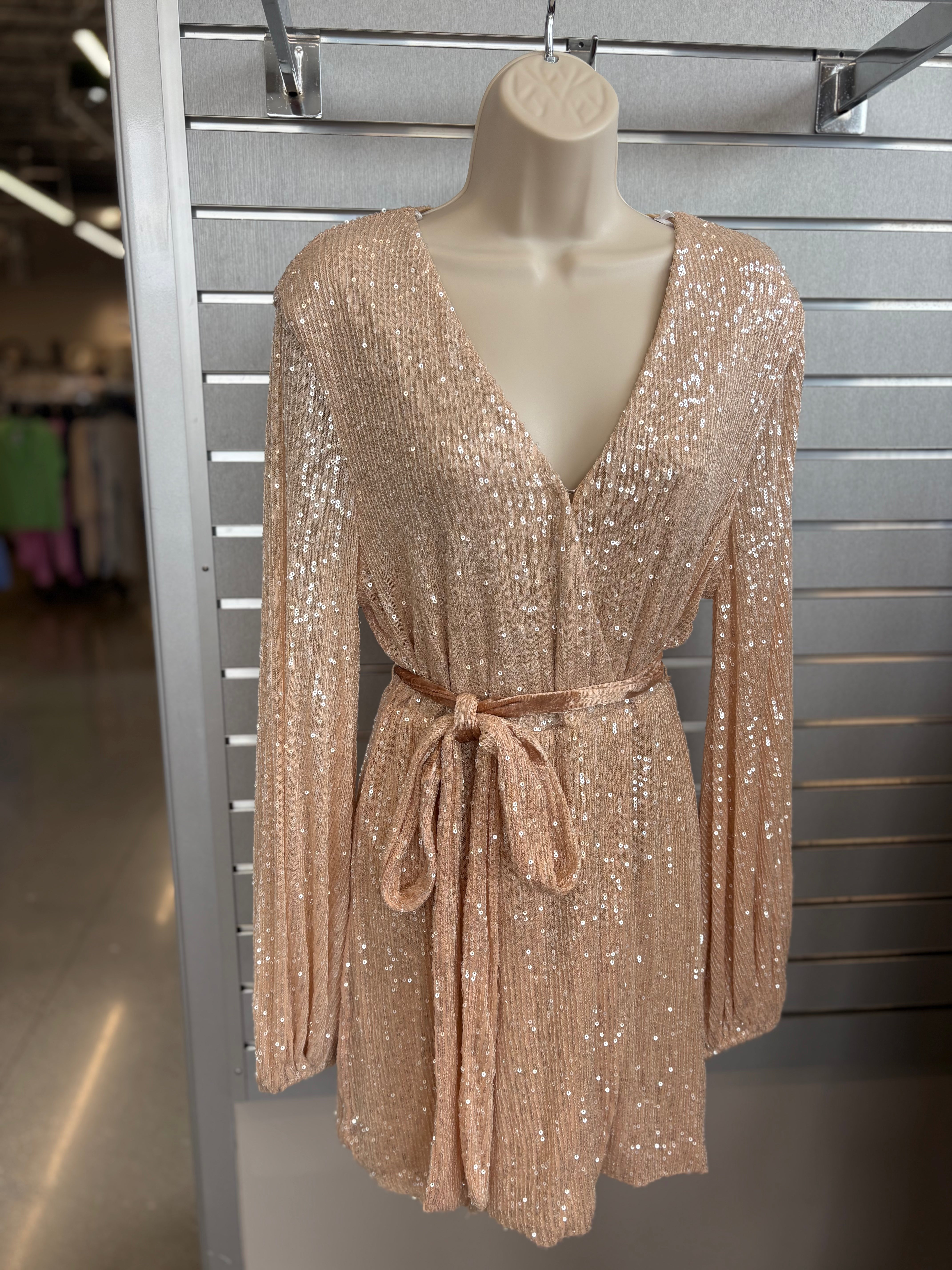 long sleeve sequin wrap dress Samantha Sequined Long Sleeve Wrap Dress In Pink