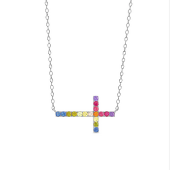Rainbow Cubic Zirconia Sideways Cross Necklace
