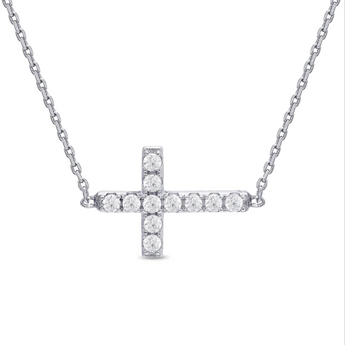 Sideways Cross Cubic Zirconia Necklace in Sterling Silver
