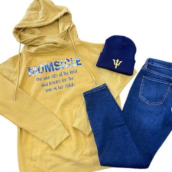 Momsicle Gold Funnel Neck Hoodie with Blue Flowers