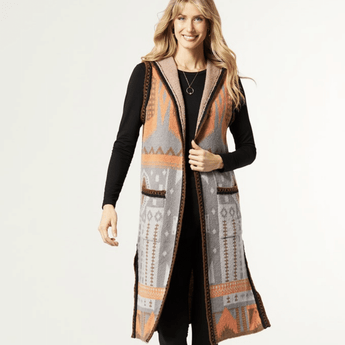 CLEARANCE - Elia Hooded Long Vest- Brown and Orange - Ruffled Feather