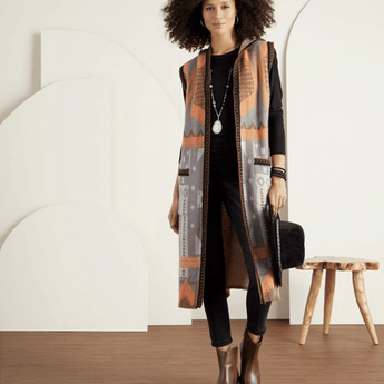CLEARANCE - Elia Hooded Long Vest- Brown and Orange - Ruffled Feather