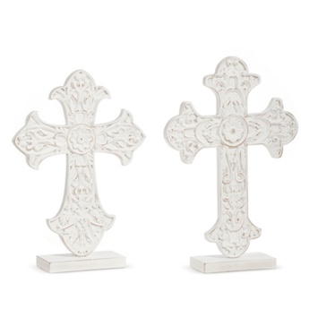 Distressed Cross on Stand - Ruffled Feather