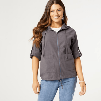 Kaliyah Hooded 3/4 Sleeve Zip-Front Jacket - Grey - Ruffled Feather
