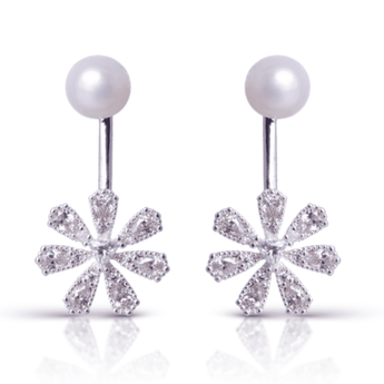 Silver/ NW Pearl Earrings With Drop Flowers