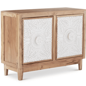 Mango Wood Cabinet w/ White Washed Floral Carved Doors (42")