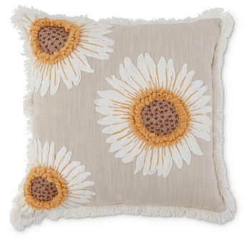 Tan Square Pillow w/ Embroidered Sunflowers