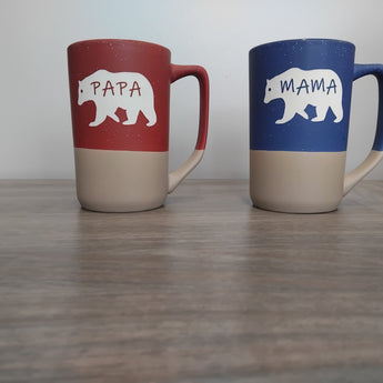 Two Tone Papa Bear or Mama Bear 16oz Boulder Mug (Blue and Tan or Red and Tan)