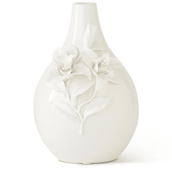 10.5" White Ceramic Vase w/ Raised Lily Flowers - Ruffled Feather