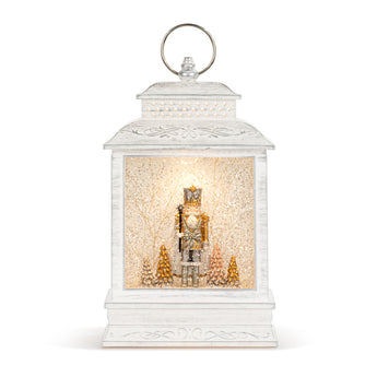 Nutcracker with Trees Lit Musical White USB Snow Globe Lantern - 6.5x10in