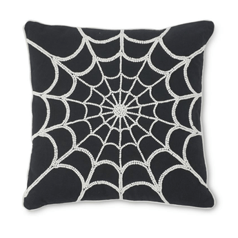 18" Black Cotton Pillow with White Beaded Spider Web - Ruffled Feather