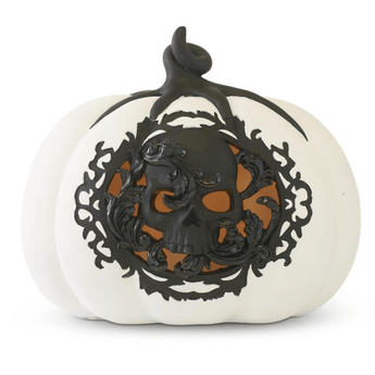 7.75" White & Black LED Pumpkin w/Filigree & Skull Cutout - Ruffled Feather