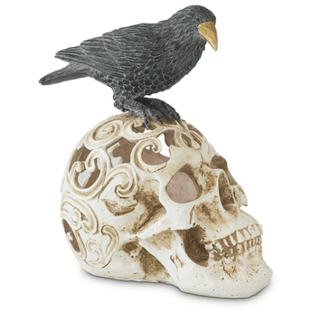 9 Inch Resin Scroll Cut LED Skull w/Perched Crow - Ruffled Feather