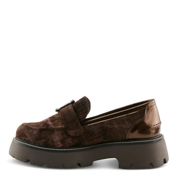 Brown velvet loafer with crystal buckle and chunky lug sole, featuring glossy heel detail and slip-on design. Inside View