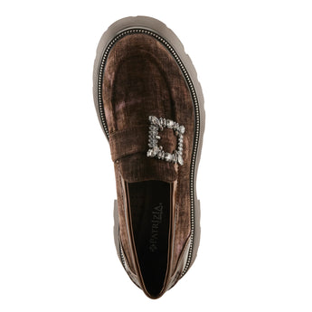 Brown velvet loafer with crystal buckle and chunky lug sole, featuring glossy heel detail and slip-on design. Top Down View
