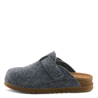 Gray boiled wool clog slipper with buckle detail and brown sole, featuring a cozy slip-on design. View from Side