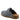 Gray boiled wool clog slipper with buckle detail and brown sole, featuring a cozy slip-on design. View from back side