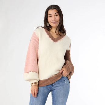 Dolores V-Neck Sweater with Contrast Sleeves
