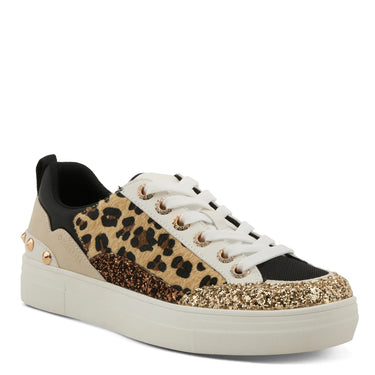 Chunky sneaker with leopard print, gold glitter accents, white laces, and studded heel detail on thick white sole.
