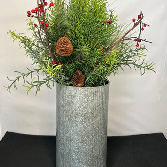 Holiday Greenery Arrangement in Galvanized Metal Vase