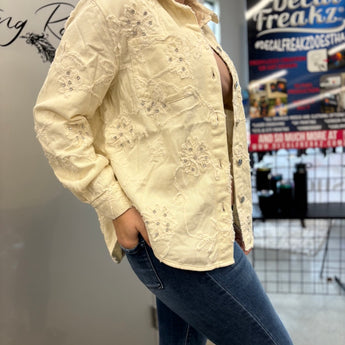 Tribal Creme Rhinestone Floral Jean Jacket