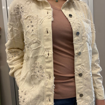 Tribal Creme Rhinestone Floral Jean Jacket