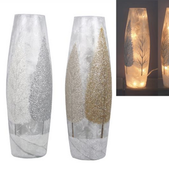 White Frosted Glass Vase Glittered Tree w/LED Light