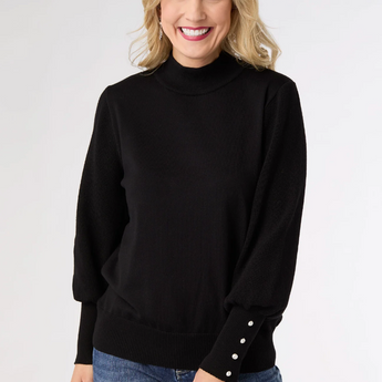 Skylah Mock Neck Sweater with Pearl Button Cuff