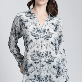 Airy Blue & Grey Pattern Play - Half Button - up Pullover Tunic - Ruffled Feather