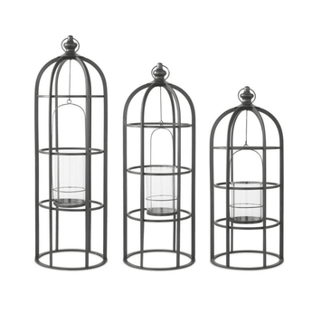 Black Metal Cage Lantern w/Removable Glass Hurricane - Individual Sizes - Ruffled Feather