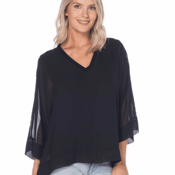 Black V-Neck Top w/ Chiffon - Ruffled Feather