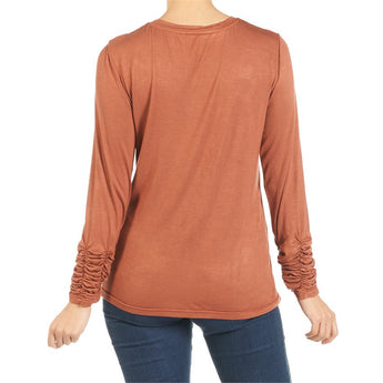 Cinnamon Scrunch Sleeve Crew Neck Tee - Ruffled Feather