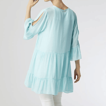 CLEARANCE - Aimee - Crochet Panel Ruffle Tunic - Auqa - Ruffled Feather