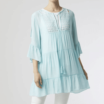 CLEARANCE - Aimee - Crochet Panel Ruffle Tunic - Auqa - Ruffled Feather