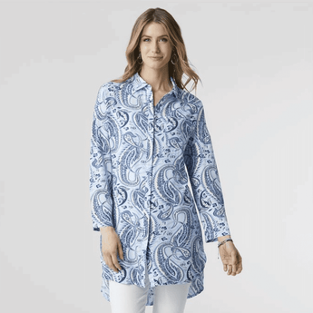 CLEARANCE - Dominique - Blue and White Printed Shirt Dress - Ruffled Feather