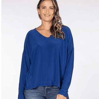 CLEARANCE - Long Sleeve Raw Edge Hem Top - Royal Blue - Ruffled Feather