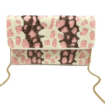 CLEARANCE - Pink Leopard Beaded Clutch - Ruffled Feather