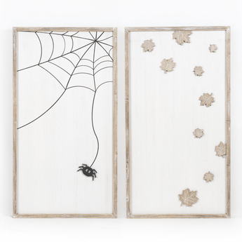 Double Sided Wood Framed Sign - Falling Leaves / Spider Web - Ruffled Feather