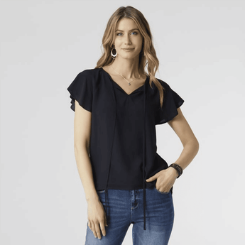 Elaine - Flutter Sleeve Top - Black - Ruffled Feather