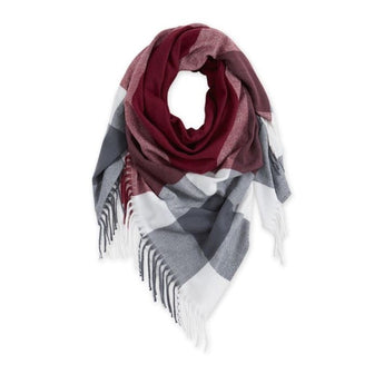 Fringe Plaid Blanket Scarf - Burgundy & Grey - Ruffled Feather