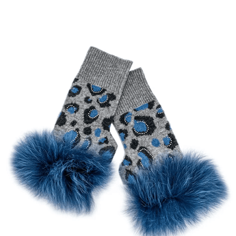 Grey &amp; Blue Animal Print Fingerless Gloves - Ruffled Feather