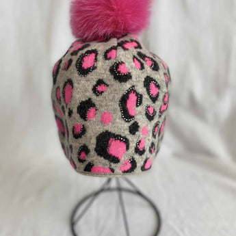 Grey &amp; Neon Pink Animal Print Hat - Ruffled Feather