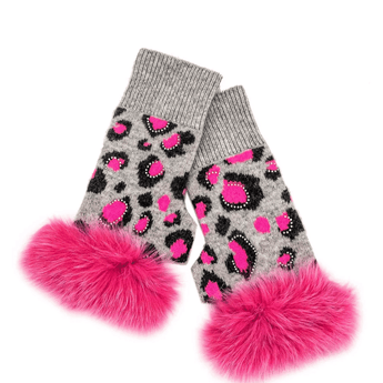 Grey &amp; Pink Animal Print Fingerless Gloves - Ruffled Feather