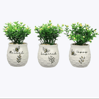 Honey Bee Ceramic Planter with Artificial Botanicals - Ruffled Feather