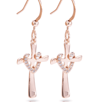 Rose Gold Cross Heart Earrings - Ruffled Feather