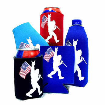 Sasquatch Rock On American Flag Bigfoot Foam Can and Bottle Coolers - Ruffled Feather