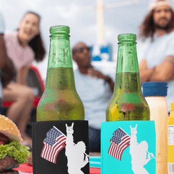 Sasquatch Rock On American Flag Bigfoot Foam Can and Bottle Coolers - Ruffled Feather