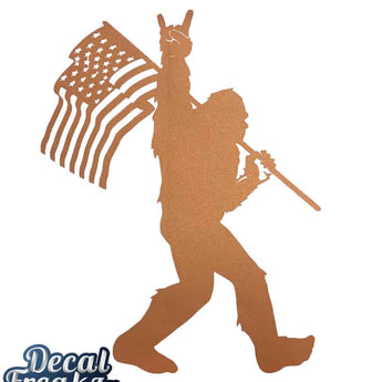 Sasquatch Rock On - Laminated Decal (Outdoor Quality) Metallic Orange - Ruffled Feather