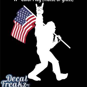 Sasquatch Rock On - Laminated Decal (Outdoor Quality)White with Color Flag - Ruffled Feather
